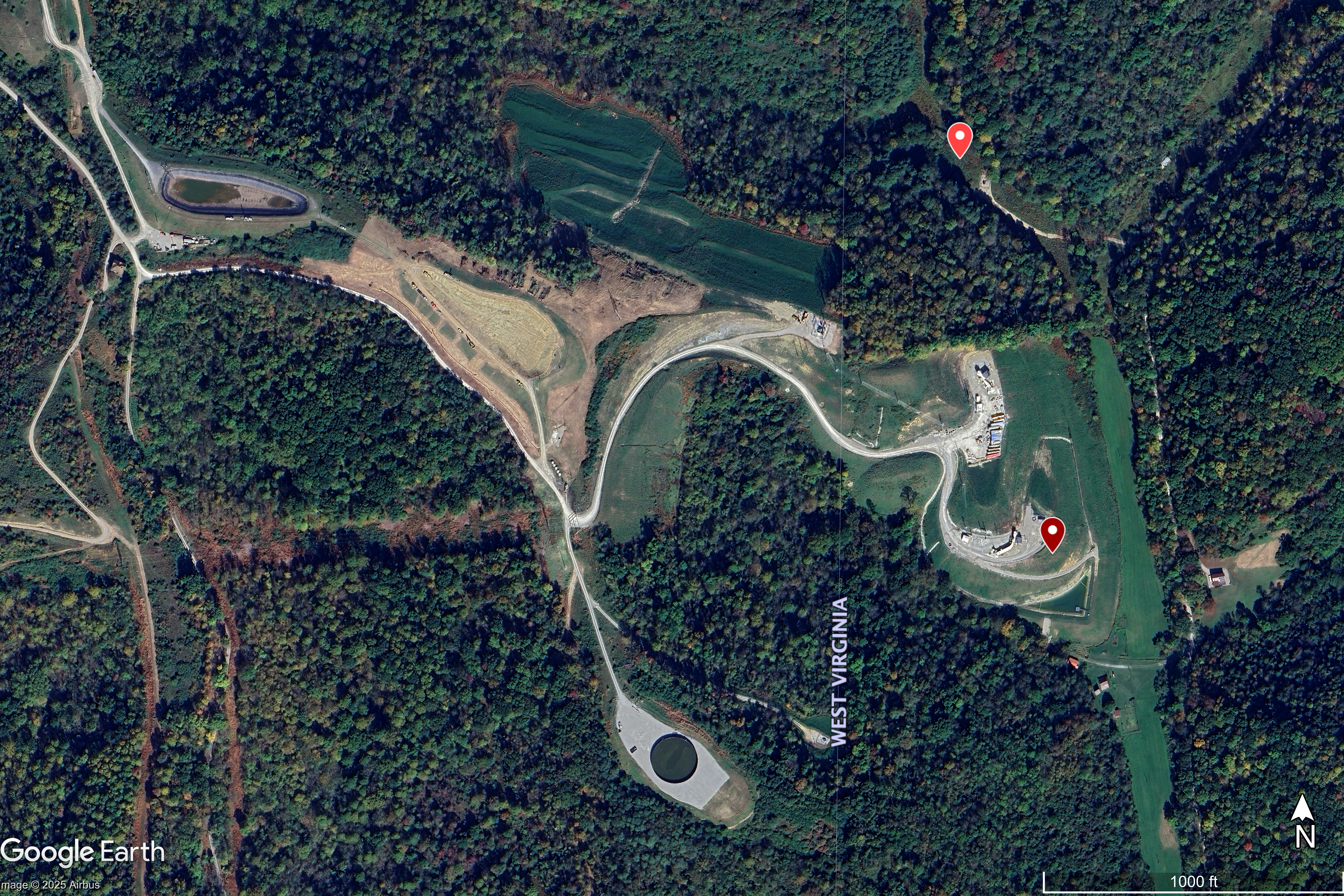 Satellite imagery of Marshall County Mine 6 South 1 and 6 North 1 Bleeder Shafts and neighboring pieces of natural gas infrastructure. Satellite imagery of Marshall County Mine 6 South 1 and 6 North 1 Bleeder Shafts and neighboring pieces of natural gas infrastructure.